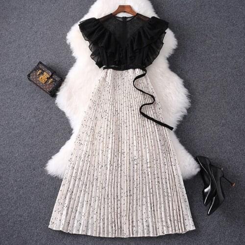 2021 summer new chiffon lace flounce stitching false two pleated dresses