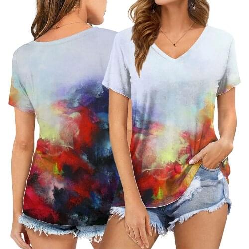 New Arrival Psychedelic Forest Print T Shirt Women T Shirt Short Sleeve V Neck Loose Women Tshirt Summer Tops Clothes