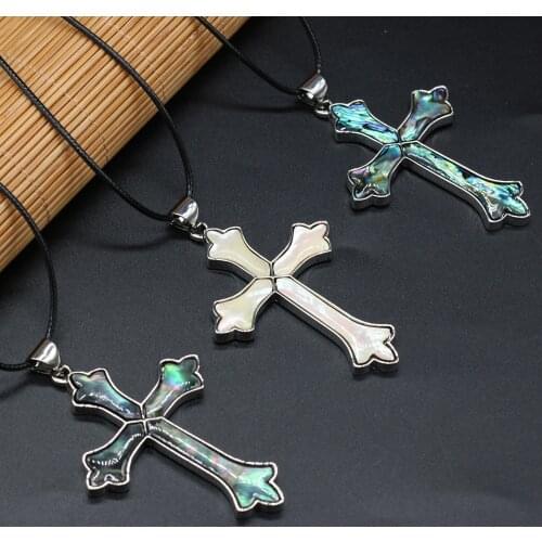 New Style Natural Shell Necklace Cross Pendant Leather Cord 2MM Charms For Elegant Women Love Romantic Gift