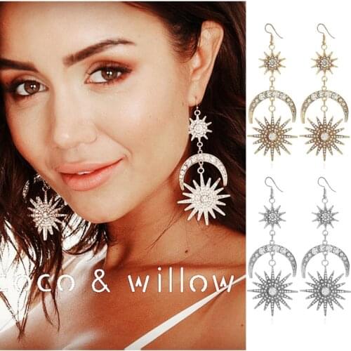 Pop exaggerated fashion earrings with exquisite rhinestones geometric star earrings sun moon retro earrings for women girl gifts