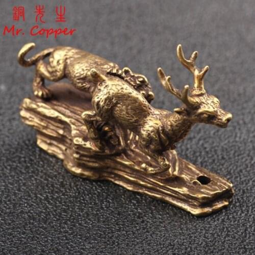 Pure Copper Tiger King Catching Deer Statue Small Ornament Antique Bronze Animal Miniature Figurines Home Desk Decorations Craft