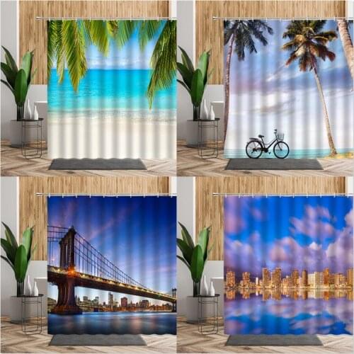 Sunny Beach Printed Fabric Shower Curtains Coconut Tree Seaside City Sea Scenery Bath Screen Product Bathroom Curtain Home Decor