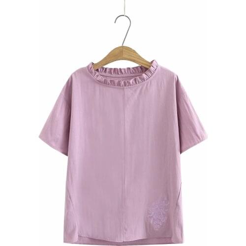 Plus size Embroidered cotton linen lace collar t shirt women short sleeve tshirt 2021 pink Purple navy t-shirt summer tops
