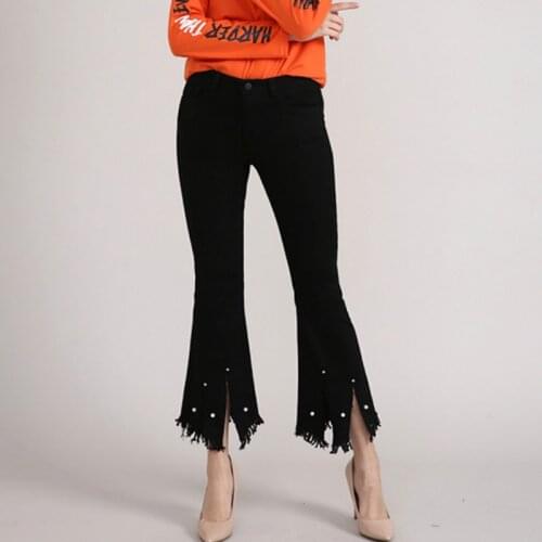 Large Size Women Jeans Beading Tassel Flared Pants High Waist Stretch Slim Black Casual Trousers Women Thin Summer TA9205