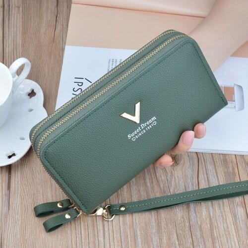 Women Double Zipper Wallets Female Solid Color Leather Coin Purses Ladies Long Wristband Card Holder Clutch Bag
