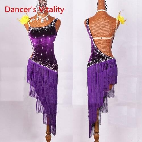 New Women Latin Dance Costumes Lycra Net Top Tassel Skirt Salsa Samba Rumba Ladies Fringe Latin Dance Performance Dress