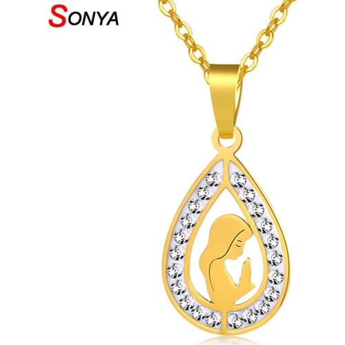 SONYA Virgin Mary Necklace Stainless Steel For Women Jewelry Gold/Steel Color Crystal Water Drop Necklaces Jewelry Gift Bijoux