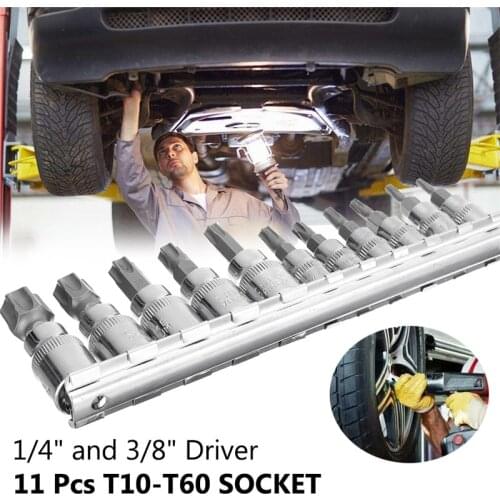 11Pcs 1/4 3/8 Inch Torx Hex Star Bit Set Security Tamper Proof Bit Driver Screwdriver Hand Tool Socket Set Bits T10 to T60