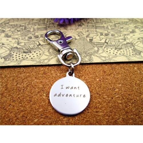 3pcs/lot high quality keychain with 20mm stainless steel circle round "I wnat adventure " charms keychain