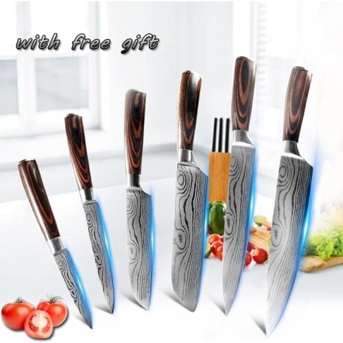 Kitchen Knife 6Pcs 7CR17 440C High Carbon Stainless Steel Damascus Drawing 8 inch Chef Knives Cleaver Set Slicer Santoku Knives