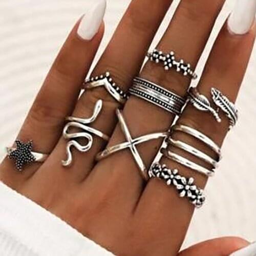 9Pcs/Set Retro Punk Metal Knuckle Ring Women Boho Feather Crown Starfish Snake Flower Cross Rings Geometric Wedding Jewelry Gift