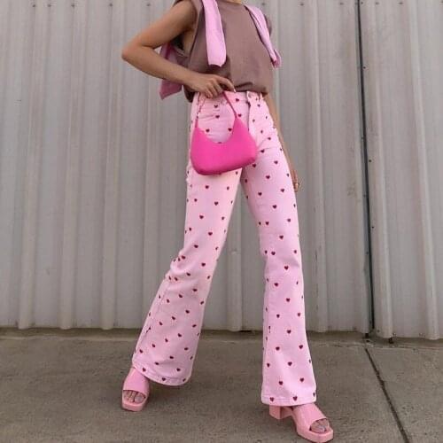 Heart Print PinkColor High Waist Flare Pants Mon Cute Full Length Trousers Y2k Women Harajuku Vintage Fashion Capris Autumn