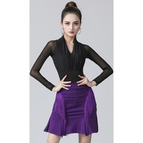 Adult Women Latin Top Long Sleeved T-shirt Girls Stage Competition Dancewear Sexy Latin Ballroom Samba Dancing Practice Costume