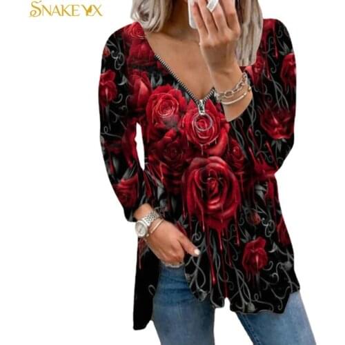 SNAKE YX Graphic T Shirts Tops for Women Full Sleeves Autumn Rose Printed Zipper V-neck Bottoming Shirt Oversized Grunge