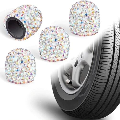 Valve Stem Caps, 4 Pack Handmade Crystal Rhinestone Universal Car Tire Valve Caps Chrome,Attractive Dustproof Car Accessories