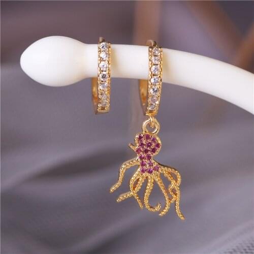 Fashionable Unique Asymmetrical Octopus Hoop Earrings Gold Copper Animal Shape Small Circle Cute Fashion Women Jewelry Trendy