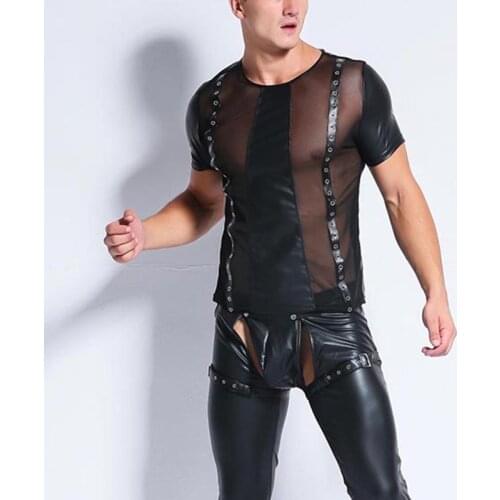 Mens Wetlook Leather T Shirt Sexy Men See Through Sheer Mesh Patchwork Tees Tight Shirts Funny Undershirts Gay Fitness Tops