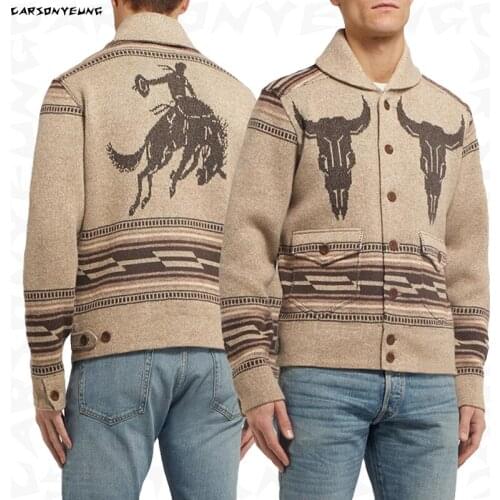 Mens Fashion Jacquard Sweatercoat Vintage Retro Lapel Button Cardigan Warm Jacket Sweater Men 2021 Autumn Casual Wool Coats