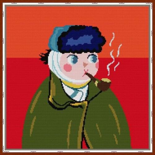 Counted Cross Stitch Kits Self-Portrait with Bandaged Ear and Pipe Q-version 11CT 14CT Print Stamped Embroidery Needlework Decor