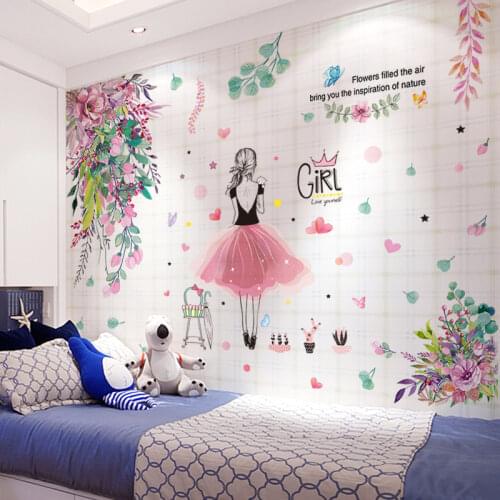 [shijuekongjian] Flower Leaves Wall Stickers DIY Cartoon Girl Wall Decals for Baby Room Kids Bedroom Kitchen House Decoration