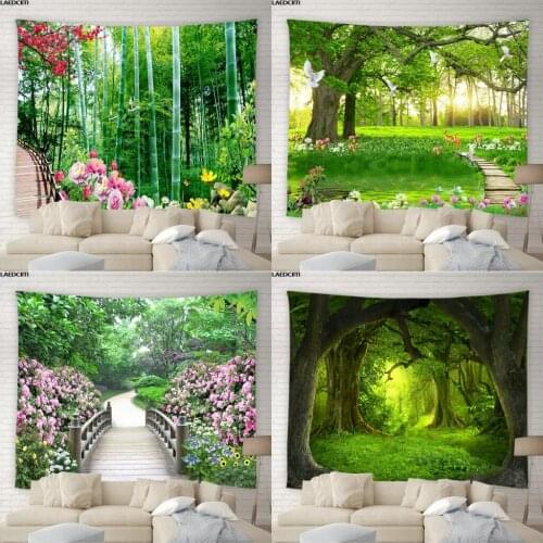 Forest Scenery Wall Hanging Tapestry Bamboo Green Plants Flowers Tree Hole Road Natural Scenery Bedroom Curtain Bohemia Decor