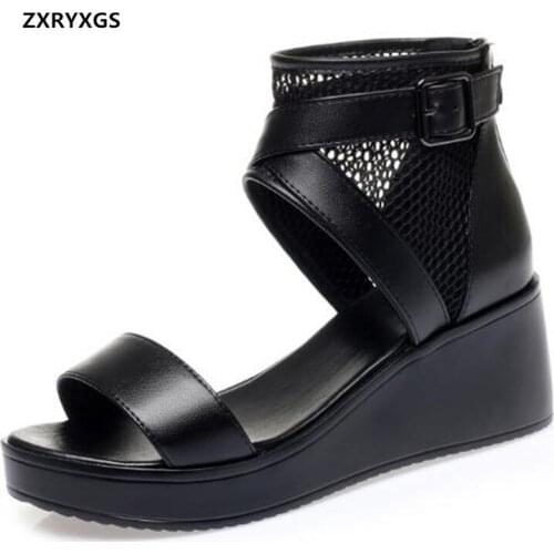 2021 New Summer Roman Sandals Black Open Shoes Woman Sandals Wedges and High Heel Sandals Mesh Cowhide Women Sandal Shoes