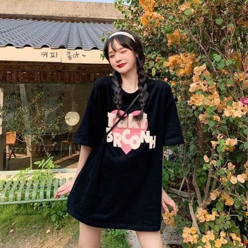 2021 summer new black love printed short-sleeved T-shirt womens summer net red loose large version of Harajuku