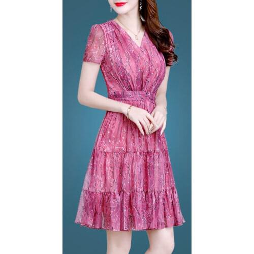 Summer V-Neck Temperament Floral New Elegant Women Fashion Sexy Short Sleeve Pleated Party Cocktail Dresses 9960
