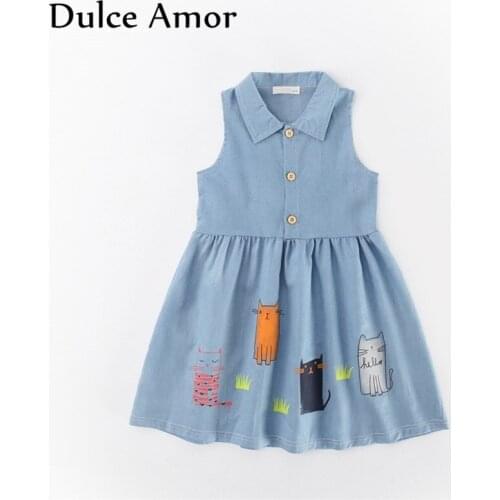 Clearance Girls Dress Kid Dress For Girl Denim Print Cats Sleeveless Princess Dress Girls Sundress Kid Party Dress