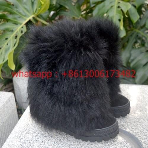 Real photo woman winter whole black fur inner heel snow boots double platform woman black fur winter wedge boots