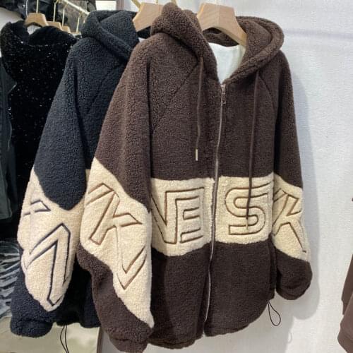 Super fire letters contrast sweater womens autumn and winter clothes lazy wind imitation lamb fur coat