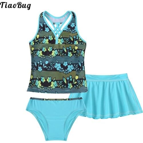 TiaoBug Summer 3Pcs Kids Girls Swimsuit V Neck Sleeveless Spaghetti Straps CrissCross At Rear Top With Briefs And Skirt Bikini