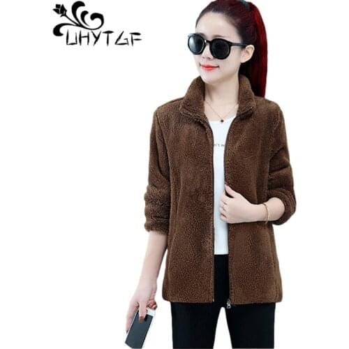 UHYTGF Coral Fleece Autumn Winter Jacket Women Casual Warm Short Coats Pure Color Wild Mother Loose 4XL Plus Size Outerwear 1983