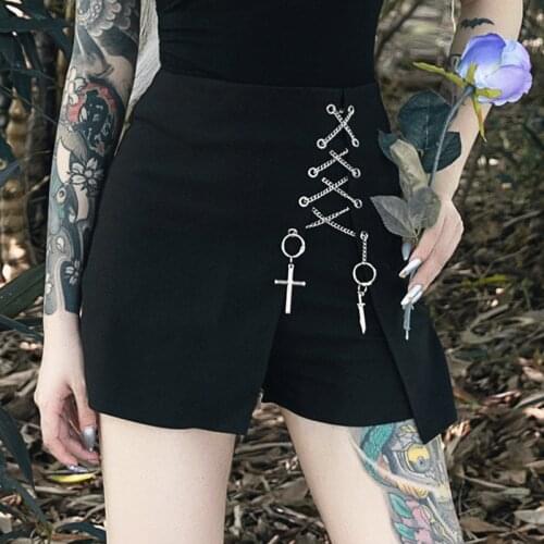Women Black Slim Shorts Skirts Gothic Punk High Waist Chain Cross Bandage Hot Shorts Girl Summer Streetwear Hip Hop Shorts