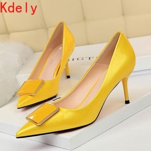 2021 NEW Metal Buckle Concise Office Shoes Solid PU Thin Heels Women Pumps Shallow Fashion High Heels Shoes Womens Pointed Toe