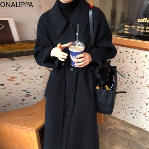 ONALIPPA Winter Woolen Coat Female French Vintage Elegant Temperament Single-Breasted Tie-Waisted Cashmere Long Warm Jacket