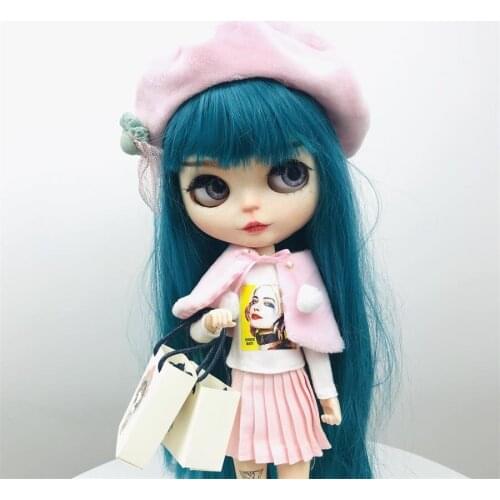 4PCS/Lot New Cute Berets Hat+Pink Tippet+White T+Pink Pleated Skirt for Blyth 1/6 Dolls Accessories