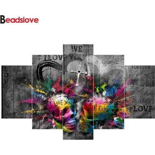 Diamond painting 5 panels Sales Skull couple wall painting full square round 5d diy Diamond Embroidery color skull Cross Stitch
