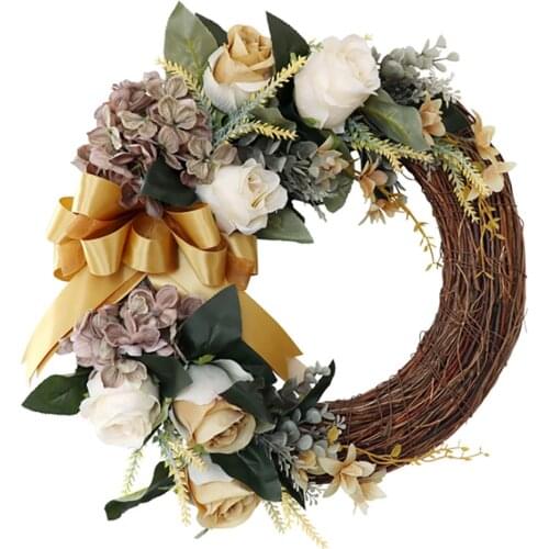 White Hydrangea Artificial Wreaths Champagne Rose Door Decoration For Wedding Party Wall Hanging 40CM Diameter Simulation Flower