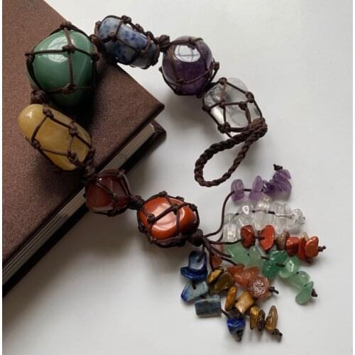 Colored Quartz Crystal Pendant Chakra Stones Hanging Rope Home Decoration Handwoven Crafts Car Interior Pendant Stones Gift