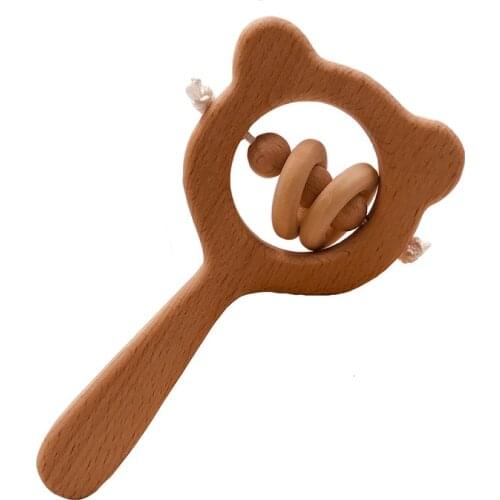 Beech Wooden Rattle Bear Hand Teething Wooden Ring Baby Rattles Can Chew Beads Play Gym Montessori Stroller Toy Educational Toys