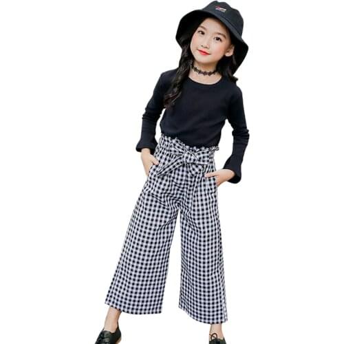 Children Clothes Tshirt + Plaid Pants Girls Clothing Casual Style Clothes For Girls Letter Tracksuits For Children