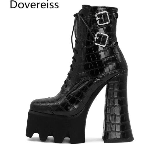 Dovereiss Fashion Womens Shoes New Winter Sexy Buckle Cross tied Concise Waterproof Block heels Matin boots Ankle boots 34-43