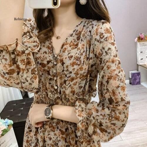 Elegant Women Autumn Print Floral Dress Sexy V-neck Full Sleeve Long Dresses Female 2021 Spring Chiffon Vestidos