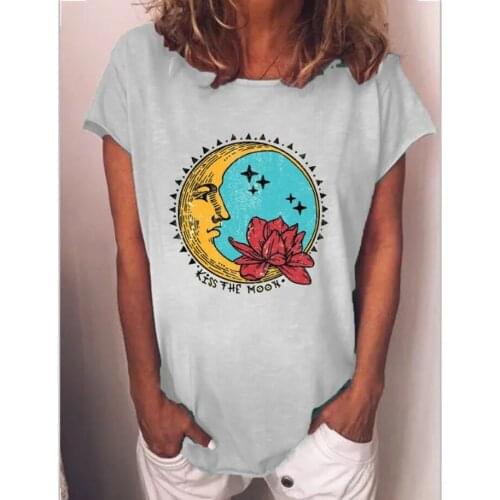 Harajuku Graphic T Shirts Summer Y2k T-shirt Star Moon Printing Women Flower Pattern Short Sleeve Oversized Female Loose Top