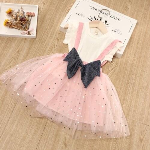 Thunderers Clothing Sets For Girls Pure White T-shirt + Bow Star Sequins Braces Skirt 2pcs Outfits Princess Party Clothing