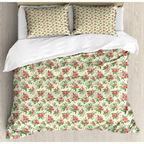Floral Vintage Duvet Cover Set Blooming Buds and Flowers Spring Vibes 3 Piece Bedding Set Pale Ruby Fern Green Eggshell and Pale