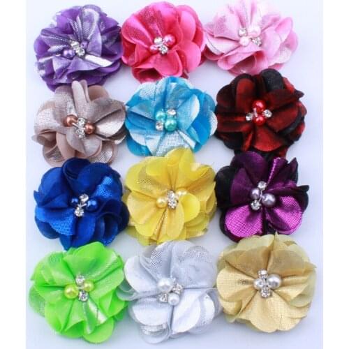 120PCS 5.5CM Hot Sale Fabric Flowers with Rhinestone Pearls For Headbands Metallic Fake Flower For Shoe Head Wear