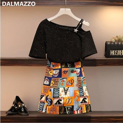 M-4XL Fashion Womens Skirt Suits Clothing 2020 New Spring Summer Black Loose T-Shirt Tops + Printed Letters Skirt 2 Pieces Sets