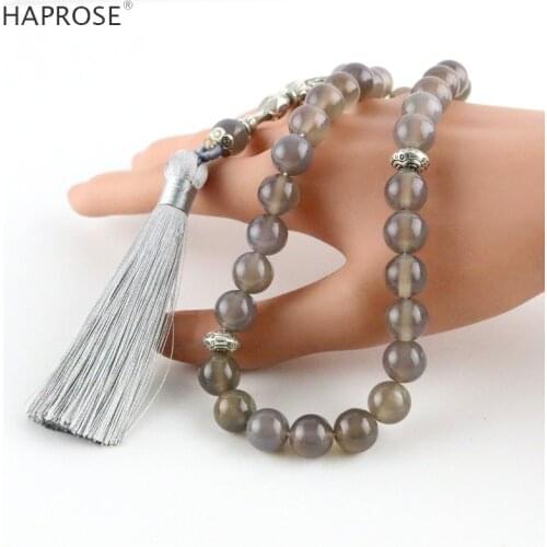 Natural agate Gray stone tasbih Prayer Islamic Muslim tasbih Allah Rosary Pattern agate 33/99 beads 8-12mm necklace tasbeeh